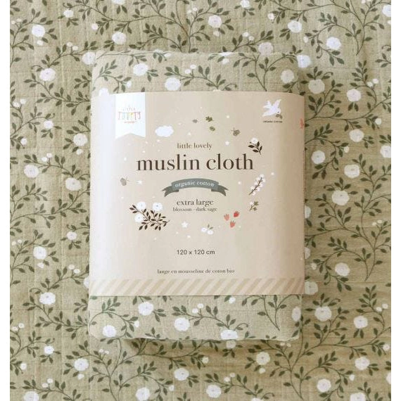 A Little Lovely Company Muslin Cloth XL: Blossom - Dark Sage
