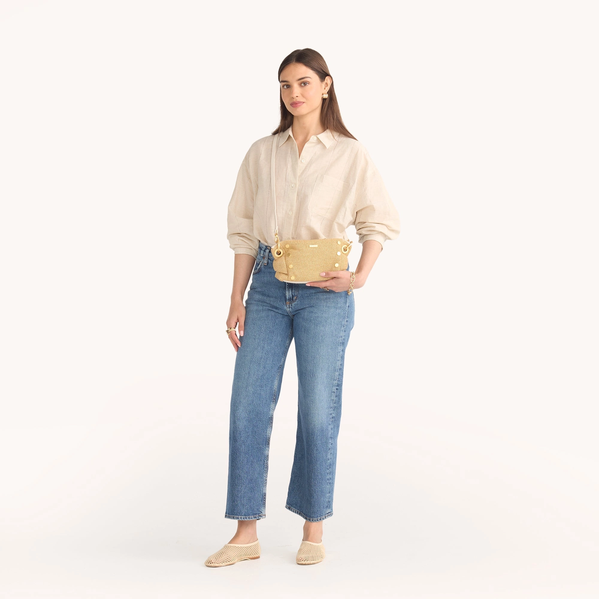 Daniel Crossbody Clutch | Calla Lily White Raffia/Brushed Gold | Sml