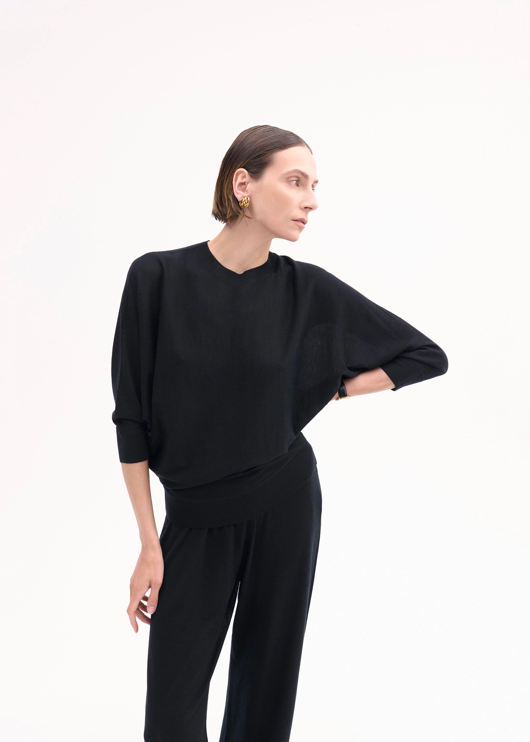 Draped Knit Top in Fine Cashmere - Black