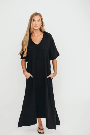Fallon Linen-Blend Collared Midi Dress in Black - Bump Friendly
