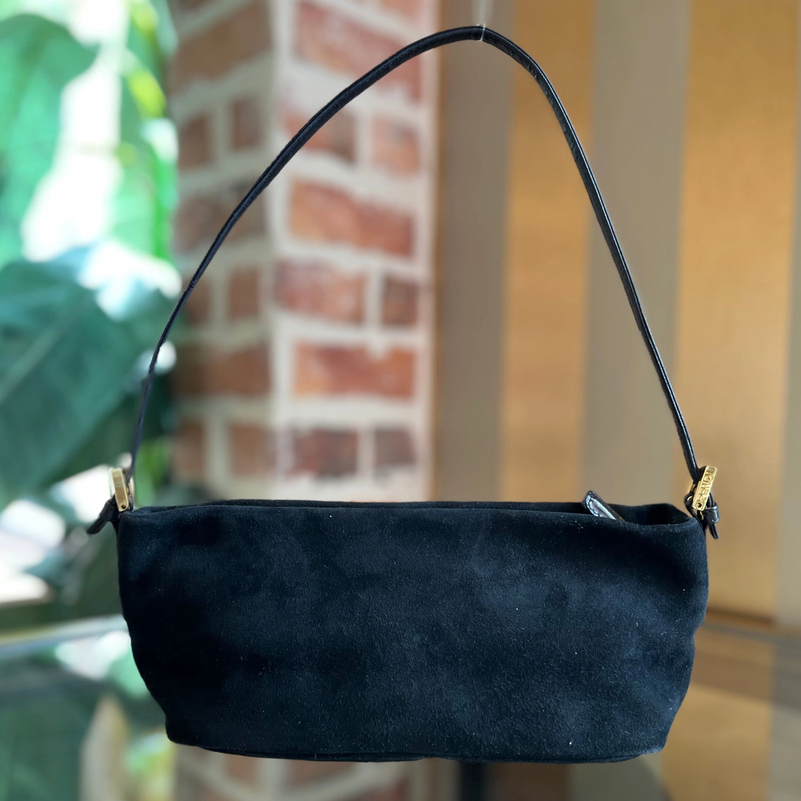FENDI Black Suede Vintage Glitter FF Enamel Shoulder Bag