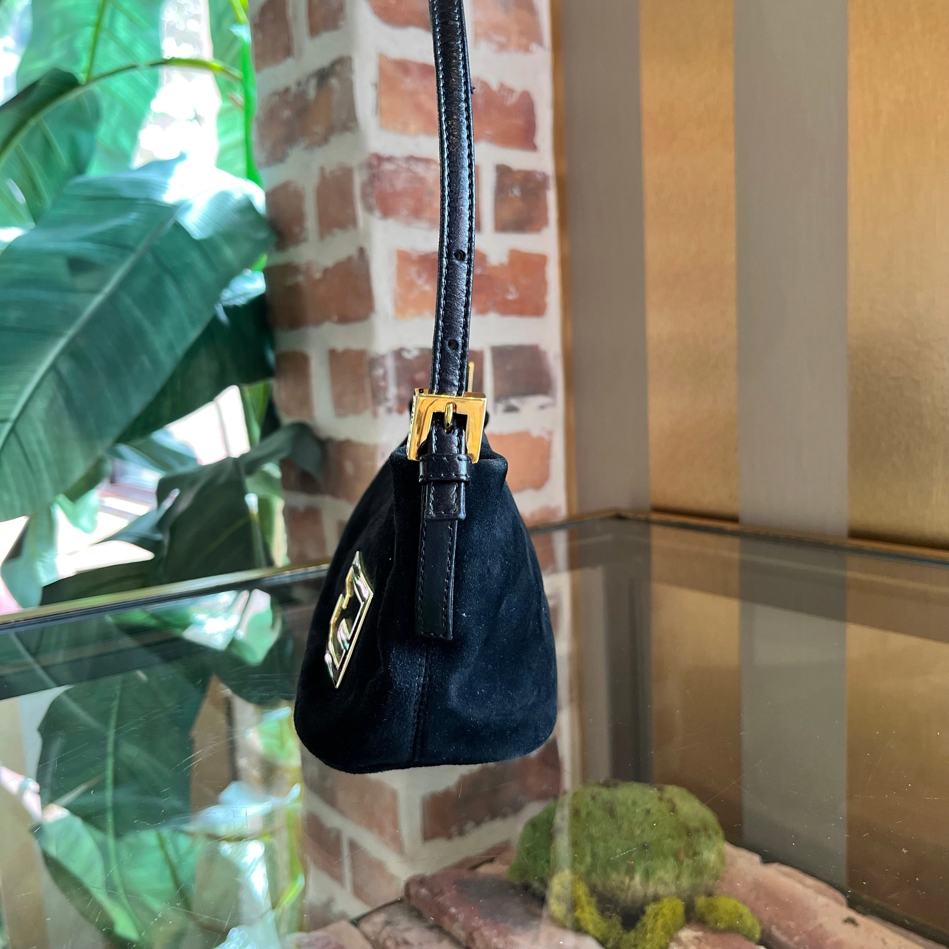 FENDI Black Suede Vintage Glitter FF Enamel Shoulder Bag