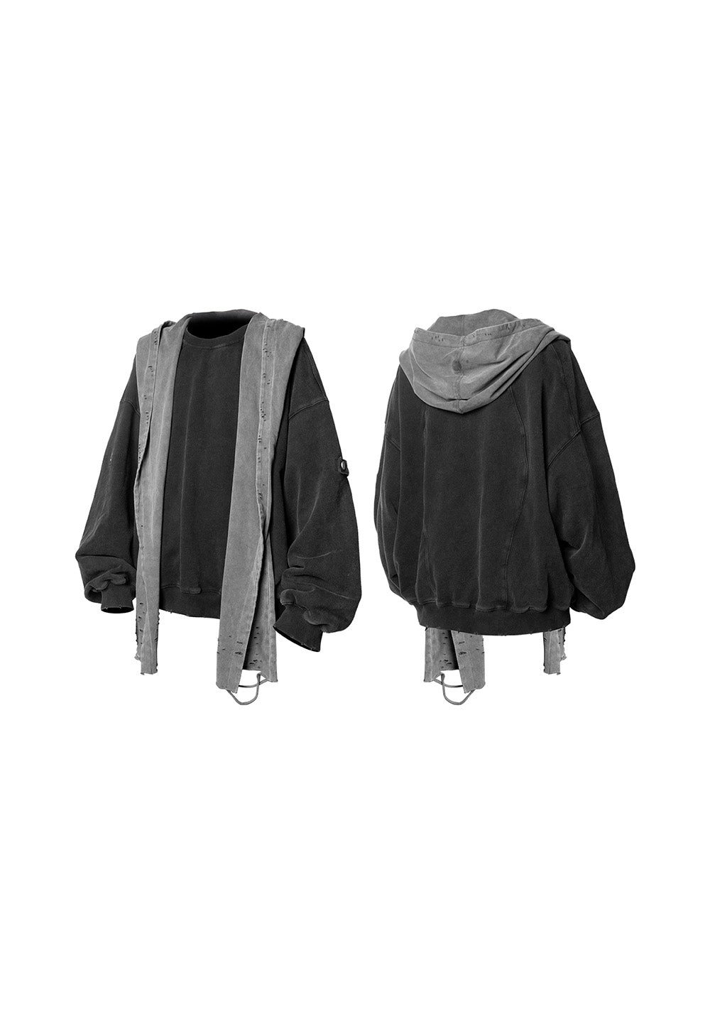 RELABEL Three-Dimensional Construction (Carving) Detachable Distressed Hood Washed Deep Gray Multi-Way Crewneck Sweatshirt