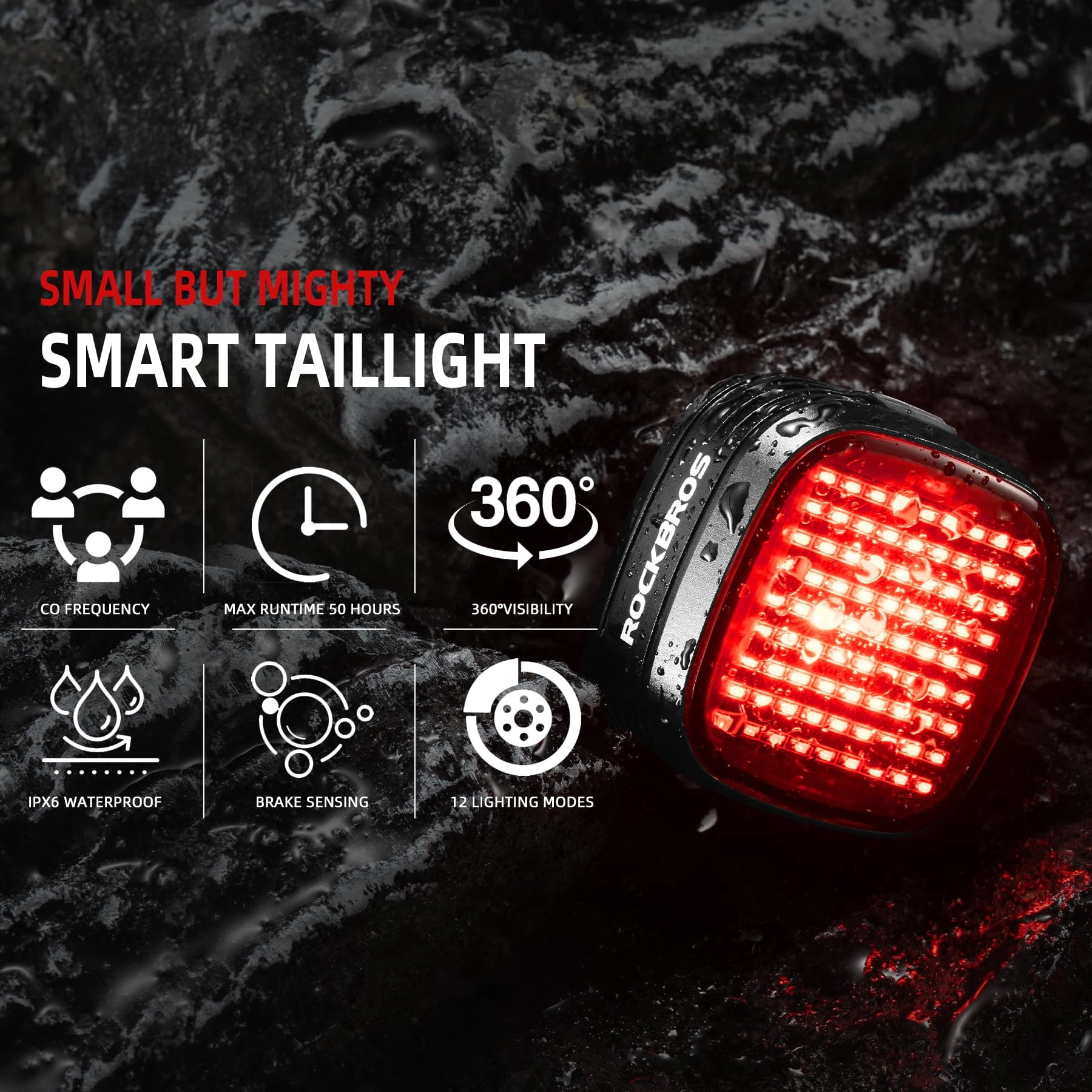 ROCKBROS R7 Pixel-Style Smart Brake Bike Tail Light 12 Modes Rechargeable
