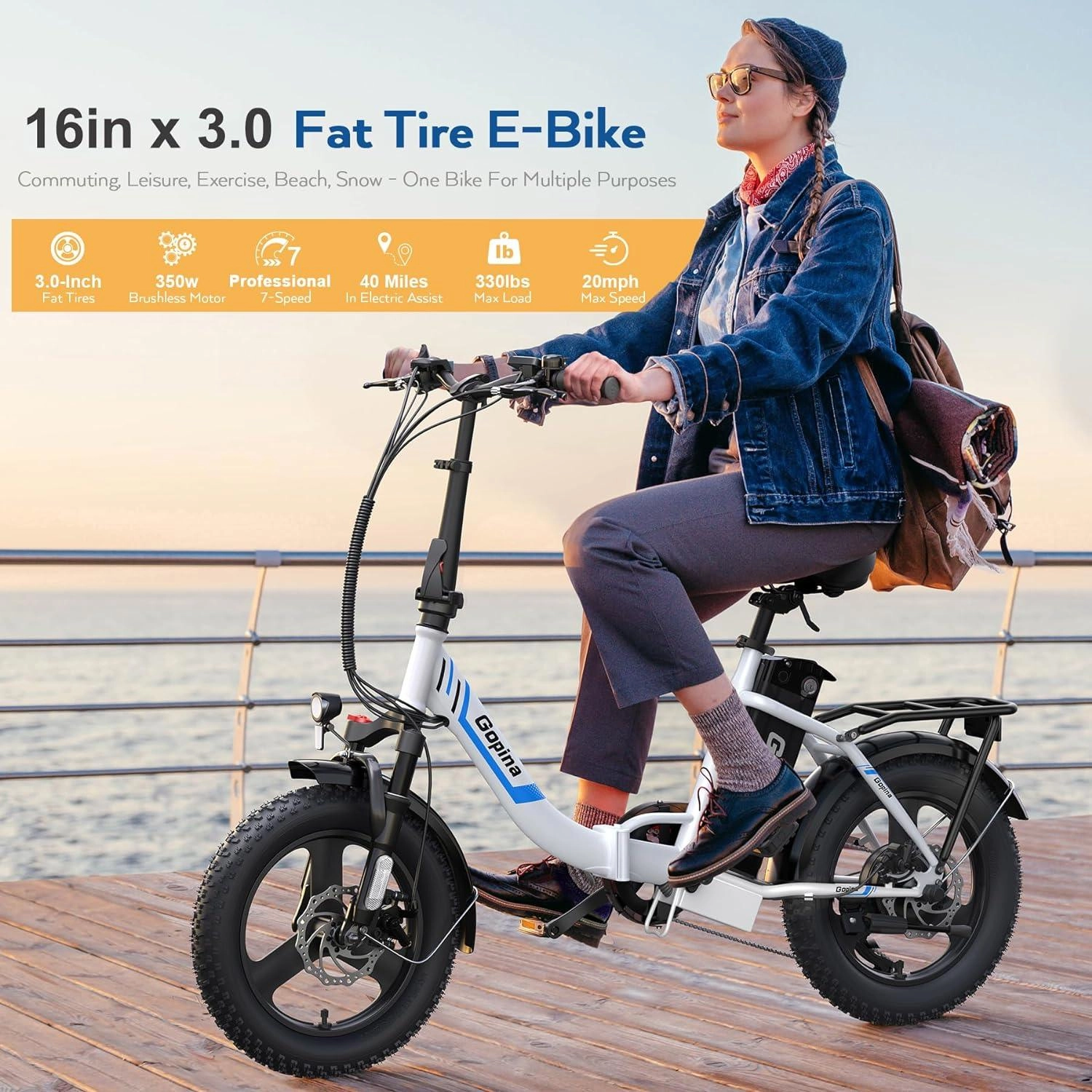 VIVI Gopina Electric Bike 3.0" Fat Tire Folding Electric Bike UL2849 Certified